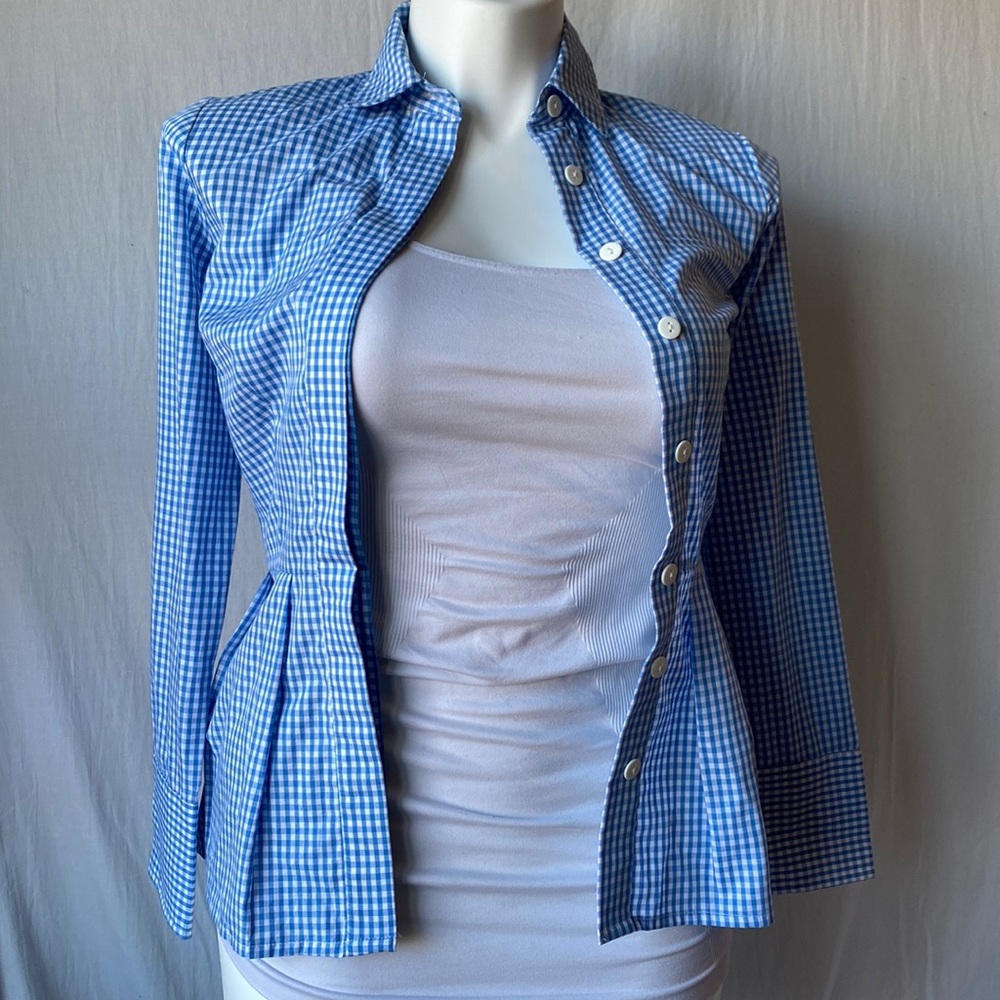 eShakti Blue White Gingham, Long-sleeve Button-up Shirt, Size XS